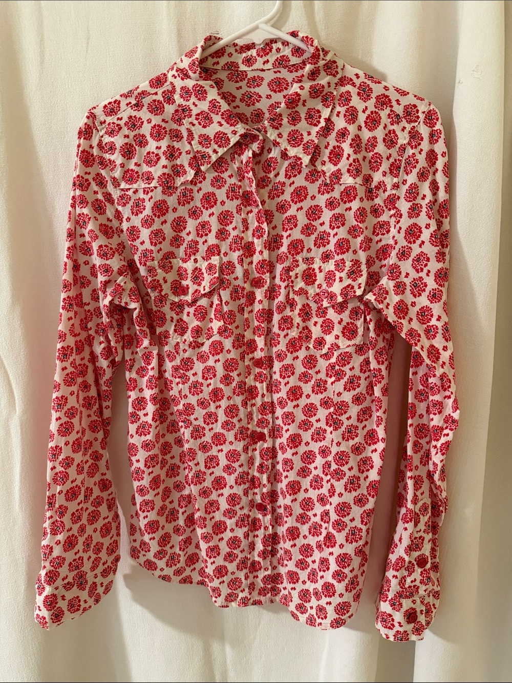 Red Floral Button-Front Women's Shirt